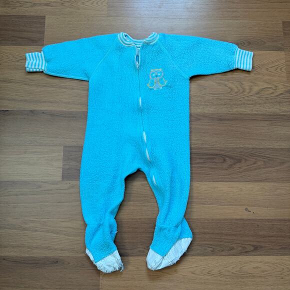 Baby Infant Toddlers Vintage 70's JcPenney Blue Fleece Owl Footed Pajamas Sz 12M - Picture 1 of 9